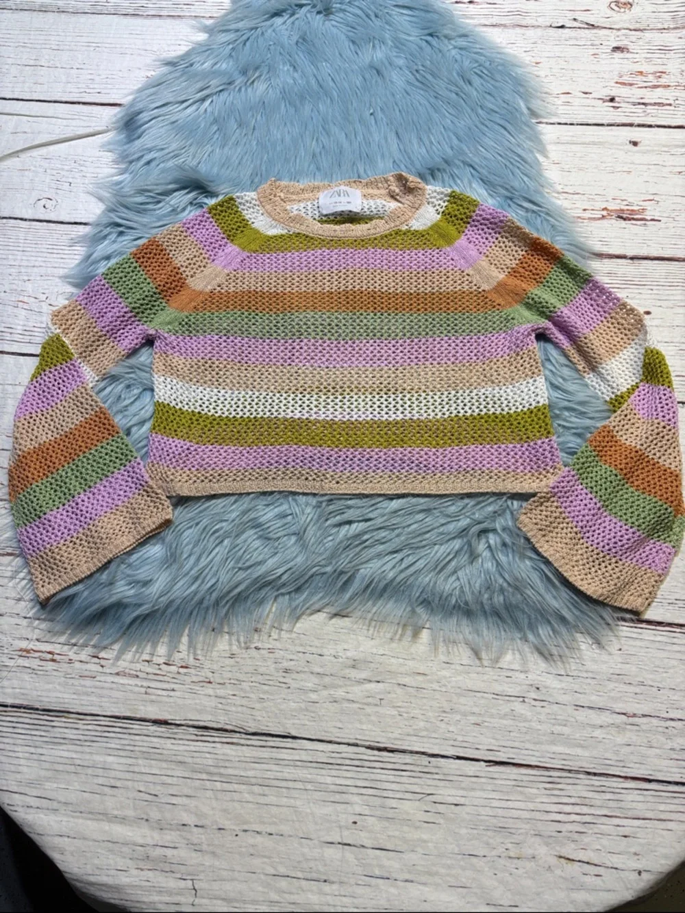 Zara Kids Striped Crochet Crewneck Flare Sleeve Sweater sz 13/14